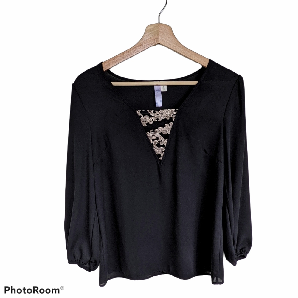Sheer Black Blouse Alya Top Gold Embroidered Lace Long Sleeve Flowy Small